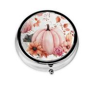 CSIVKEJ Pastillero redondo con estampado de hojas de arce y calabaza rosa con 3 compartimentos, bolsillo decorativo, portátil, mini organizador de medicamentos de viaje