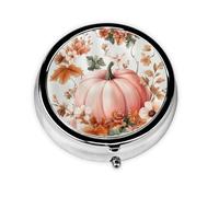 CSIVKEJ Pastillero redondo con estampado de hojas de arce y calabaza rosa con 3 compartimentos, bolsillo decorativo, portátil, mini organizador de medicamentos de viaje
