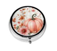 CSIVKEJ Pastillero redondo con estampado de hojas de arce y calabaza rosa con 3 compartimentos, bolsillo decorativo, portátil, mini organizador de medicamentos de viaje