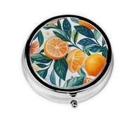 CSIVKEJ Pastillero redondo con estampado de hojas de frutas naranjas, 3 compartimentos, organizador portátil