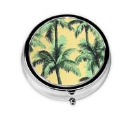 CSIVKEJ Pastillero redondo con estampado de palmeras verdes, 3 compartimentos, bolsillo decorativo, portátil, mini organizador de medicamentos de viaje