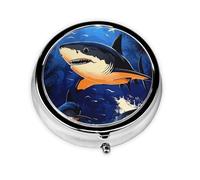 CSIVKEJ Pastillero redondo con estampado de tiburón azul, 3 compartimentos, bolsillo decorativo, portátil, mini organizador de medicamentos de viaje