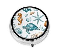CSIVKEJ Pastillero redondo con estampado de tortuga de caracola, 3 compartimentos, portátil, portátil, para medicina, tabletas, vitaminas, organizador
