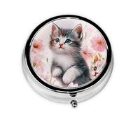 CSIVKEJ Pastillero redondo con estampado floral de gatos, con 3 compartimentos, organizador portátil para medicamentos de viaje