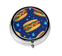 CSIVKEJ Pastillero redondo con impresión de comida para perros calientes, 3 compartimentos, bolsillo decorativo, portátil, mini organizador de medicamentos de viaje