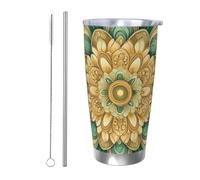 CSIVKEJ Vaso aislado de acero inoxidable con estampado de mandala de flores, de 20 onzas, con tapa y popote, taza de café helado, se adapta a la mayoría de soportes de coche