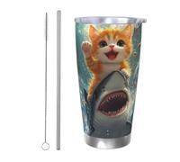 CSIVKEJ Vaso de acero inoxidable con estampado de tiburón Cat Ride de 590 ml, vaso aislado con tapa y popote, taza de café helado, se adapta a la mayoría de soportes de coche