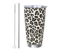 CSIVKEJ Vaso de acero inoxidable con estampado marrón y negro de 20 onzas, vaso aislado con tapa y popote, taza de café helado, se adapta a la mayoría de soportes de coche