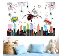 Csoisoy 2uds Pegatinas de Pared con Temática de Araña, Diseño Telaraña con Diseño Horizonte Urbano Ideal para Despegar y Pegar Ideal para Sala Juegos Dormitorio Sala Juegos y Fiestas