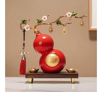 CSPJPIZIYB Estatua de Calabaza Feng Shui, Adorno de Cerámica Wu Lou para Atraer la Riqueza, con 2 Lingotes de Oro, Ideal para la Decoración del Hogar y la Oficina(Red)