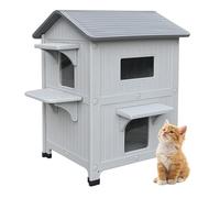 CSQOO Casa de plástico para gatos al aire libre de 2 pisos con puerta de escape, casa impermeable para gatos salvajes para uso en interiores y exteriores, casas resistentes para gatos al aire libre