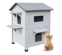 CSQOO Casa de plástico para gatos al aire libre de 2 pisos con puerta de escape, casa impermeable para gatos salvajes para uso en interiores y exteriores, casas resistentes para gatos al aire libre