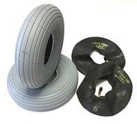 Cst Neumáticos para silla de ruedas, 2 unidades, 3.00-4 (260 x 85) gris + 2 unidades de válvula angular de manguera, perfil ranurado, construcción estable de neumáticos 4 PR