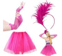 CSVZKIAY Conjunto de Falda Tutu de Mujer en Rosa y Rojo -Diadema Plumas Falda Larga de Tul con Accesorios Complementarios - Destaca en Tus Fiestas al Estilo de Los 80