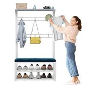 CSYQPDMBDL Burro Ropa, Perchero de ropa, Burro Perchero, Perchero industrial con banco de zapatos y 8 ganchos huecos tallados, for pasillo y sala de estar(White blue,100x30x172CM)