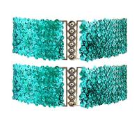 CT COTIM COYIN Paquete de 2 cinturones elásticos de lentejuelas de metal brillante con hebillas entrelazadas, cinturón elástico con purpurina para mujer, Azul lago, Total length: 24.8" (63cm)