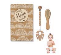CT-TRONICS Set Bebé Recién Nacido unisex con manta de muselina bebé algodón, cepillo, porta chupete y placa Hello World. Conjunto completo para recién nacido niña y niño. (Beige)
