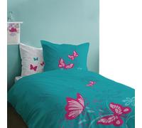 CTI Juego de ropa de cama reversible con diseño de mariposas, tamaño 135 x 200 cm, 80 x 80 cm, 100% linón de algodón, color turquesa y rosa