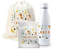 CUAC REVOLUTION Pack vuelta al cole dinosaurios botella personalizada + mochila saco personalizada + bolsa merienda personalizada con texto para el colegio o guardería. Libre de BPA