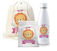 CUAC REVOLUTION Pack vuelta al cole diseño leon botella personalizada + mochila saco personalizada + bolsa merienda personalizada con texto para el colegio o guardería. Libre de BPA
