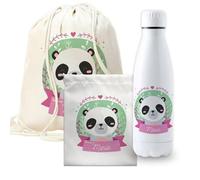 CUAC REVOLUTION Pack vuelta al cole diseño panda botella personalizada + mochila saco personalizada + bolsa merienda personalizada con texto para el colegio o guardería. Libre de BPA