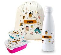 CUAC REVOLUTION Pack vuelta al cole diseño pirata botella personalizada + mochila saco personalizada + fiambrera personalizada con foto y/o texto para el colegio o guardería. Caja merienda libre BPA