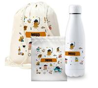 CUAC REVOLUTION Pack vuelta al cole diseño piratas botella personalizada + mochila saco personalizada + bolsa merienda personalizada con texto para el colegio o guardería. Libre de BPA