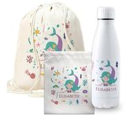 CUAC REVOLUTION Pack vuelta al cole diseño sirenita botella personalizada + mochila saco personalizada + bolsa merienda personalizada con texto para el colegio o guardería. Libre de BPA