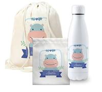 CUAC REVOLUTION Pack vuelta al cole hipopotamo botella personalizada + mochila saco personalizada + bolsa merienda personalizada con texto para el colegio o guardería. Libre de BPA