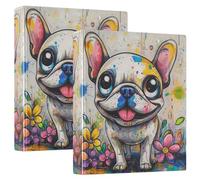 Cuaderno de 3 anillas de 1-1/2 pulgadas, diseño de perro francés con cubierta de bolsillo, 1/2 paquetes de suministros escolares, 200 hojas, paquete de 2