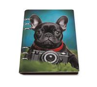 Cuaderno de cachorro bulldog francés con cámara, cuaderno de hojas sueltas de piel sintética A5 con 90 hojas, carpeta recargable para escribir, tomar notas, diario