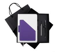 Cuaderno de cuero A5 con bolígrafo, diario de tapa dura con lemas chinos, bloc de notas de reuniones de negocios, diario de viaje, juego de libro de escritura recargable (morado)