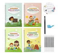 Cuaderno de ejercicios preescolar mágico, 4 unidades, cuaderno mágico con 1 bolígrafo y 10 minas de repuesto, libros de ejercicios reutilizables para alfabeto, números y matemáticas