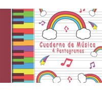 Cuaderno de Música 4 Pentagramas: Libreta para notación musical con 4 pentagramas por pagina para niños, tamaño pequeño A5 apaisado, papel pautado, pentagrama grande, con pauta ancha