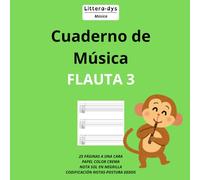 Cuaderno de Música. Flauta 3: Pentagramas de 2,8 cm. 2 pentagramas/ página. 25 páginas a una cara. Codificación de las notas / posición dedos para iniciarse en la flauta. Nota sol en negrita.
