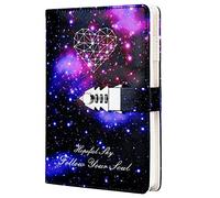 Cuaderno de piel sintética con contraseña y cerradura de combinación, diseño de cielo estrellado galaxia, 215 x 150 mm