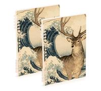 Cuaderno de tamaño A5 con diseño de ciervos y olas del océano japonés, 8.3 x 5.7 pulgadas, cuaderno de espiral con rayas universitarias, 60 hojas para diario y lista de tareas, paquete de 2