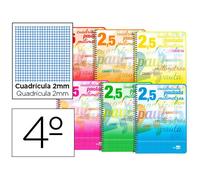 Cuaderno espiral liderpapel cuarto pautaguia tapa blanda 40h 75 gr cuadro pautado 2,5mmcon margen colores surtidos - BC66
