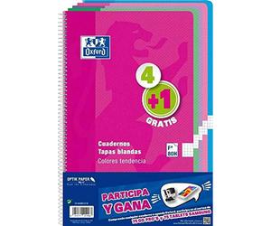 Cuadernos Espiral OXFORD Folio 80H Tapa Básica Cuadros 4 mm. Pack 4+1 Colores Pastel