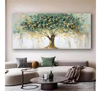 Cuadro abstracto al óleo sobre lienzo, árbol del dinero verde con detalles dorados. Póster e impresiones de arte mural moderno y lujoso para sala de estar (60 x 120 cm).