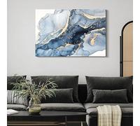 Cuadro abstracto azul sobre lienzo con efecto fluido, arte mural de lujo tipo mármol, obras de arte para sala de estar y dormitorio (50x70cm/sin marco)