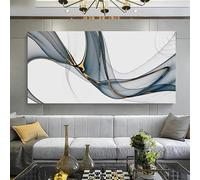 Cuadro abstracto con líneas fluidas azules y doradas, impresión sobre lienzo, arte de pared para sala de estar, decoración moderna de pared (70x140cm/marco interno)