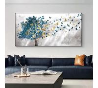 Cuadro abstracto de árboles azules y mariposas sobre lienzo. Póster y láminas de paisaje nórdico para decoración de pared (65x130cm/marco interno).