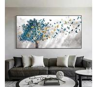 Cuadro abstracto de árboles azules y mariposas sobre lienzo. Póster y láminas de paisajes nórdicos para decoración de paredes (50x100cm/marco interno).