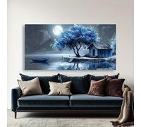 Cuadro abstracto de cabaña de luna azul, decoración de pared, imagen contemporánea para sala de estar, baño, cocina y dormitorio (75 x 150 cm/30 x 59 pulgadas)