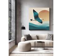 Cuadro abstracto de gaviota pintado al óleo sobre lienzo, arte mural moderno de mediados de siglo, pósteres con detalles en color verde azulado para la decoración del hogar (40x40cm/sin marco)