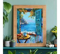 Cuadro abstracto de paisaje urbano colorido, láminas sobre lienzo con vista al mar desde una ventana, pósteres estéticos para la decoración de la sala de estar (40x60cm/sin marco)