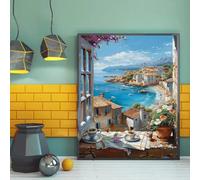 Cuadro abstracto de paisaje urbano colorido, láminas sobre lienzo con vista al mar desde una ventana, pósteres estéticos para la decoración de la sala de estar (40x60cm/sin marco)