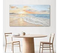 Cuadro abstracto de pared con vista al mar, olas azules del océano con amanecer blanco, decoración con temática de playa dorada para sala de estar (30x60cm)