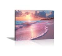 Cuadro abstracto de playa, arte de pared costero, atardecer, acuarela, pulpo, tortuga marina, caballito de mar, medusa, arte de pared, decoración de baño de playa (70 x 100 cm/marco interior)